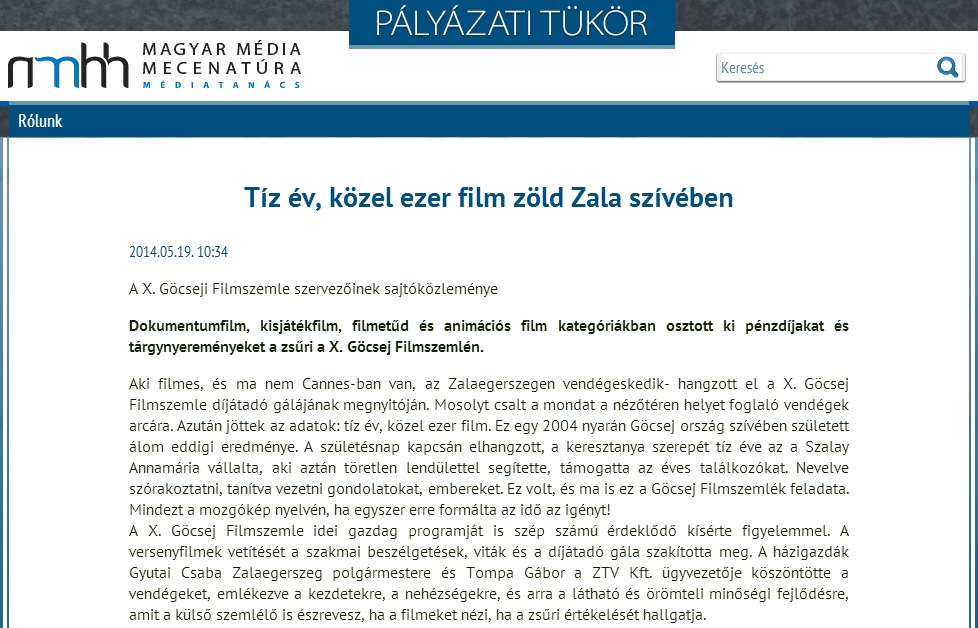 X. Göcsej Filmszemle Fődij